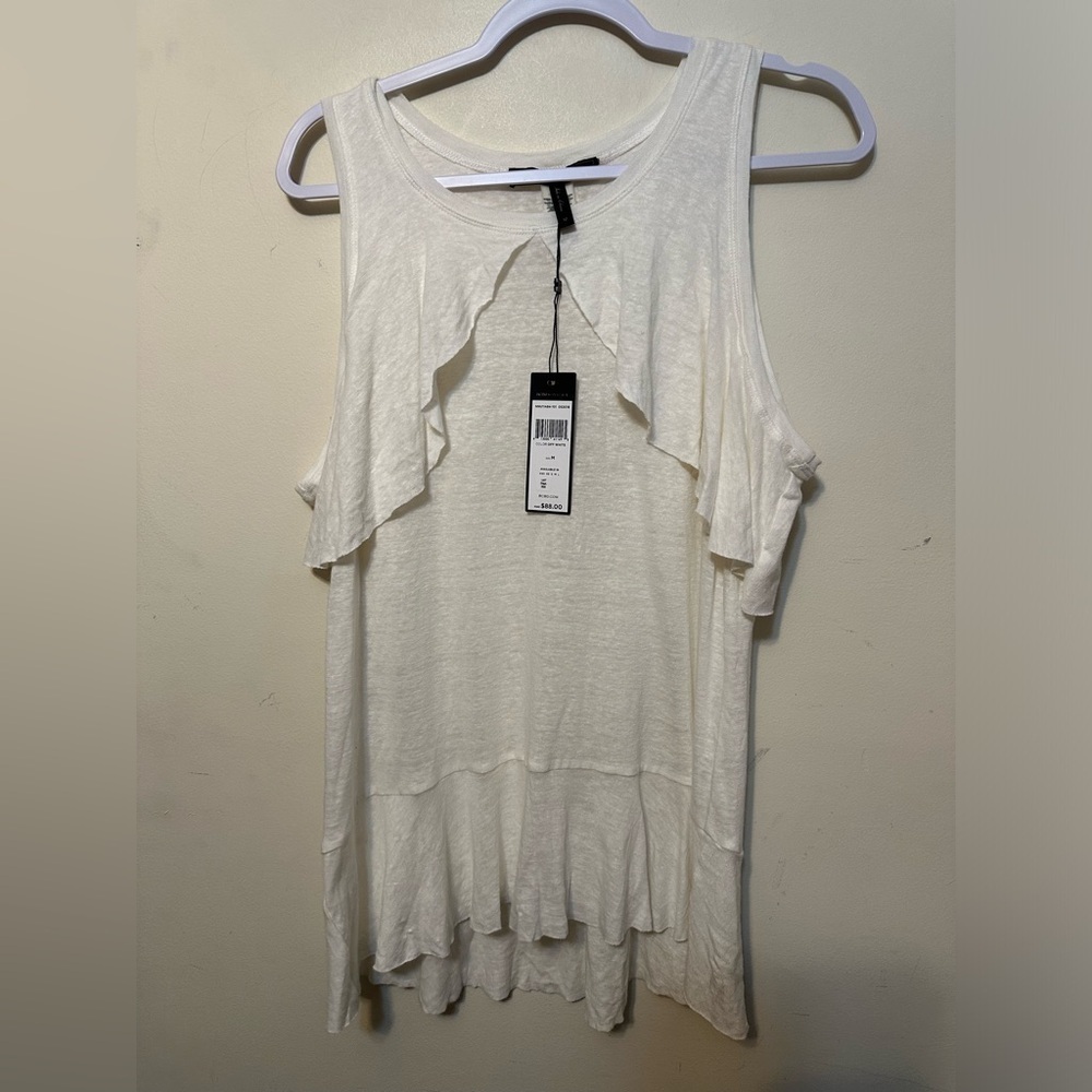 BCBG Maxazria Linen Flutter Sleeve Top Sleeveless Top Off White‎ NWT Medium Boho